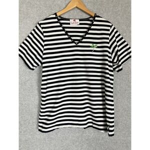 Quacker Factory Women's Large Black White Stripe Studded V-Neck Palm Tree Beach